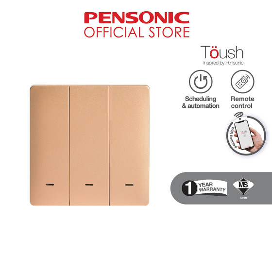 Toush Smart Switch GOLD 3 Gang Without Neutral C/W Smartphone App, Scheduling | T891301SS-ZBS(GD)